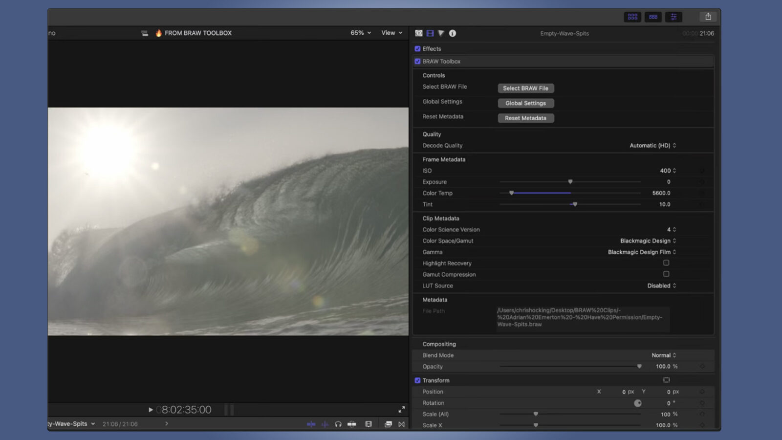 Параметры BRAW Toolbox внутри Final Cut Pro