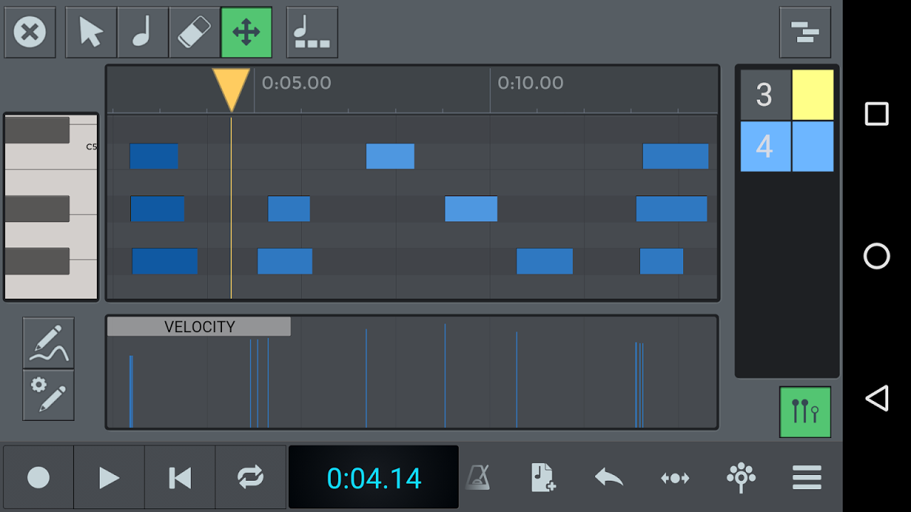 Мобильный MIDI-редактор n-Track Studio с нотами и параметром Velocity