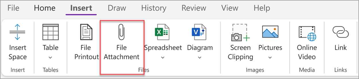 Вкладка Insert и команда File Attachment в OneNote