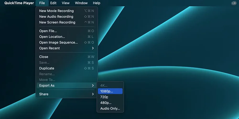 Меню экспорта QuickTime Player