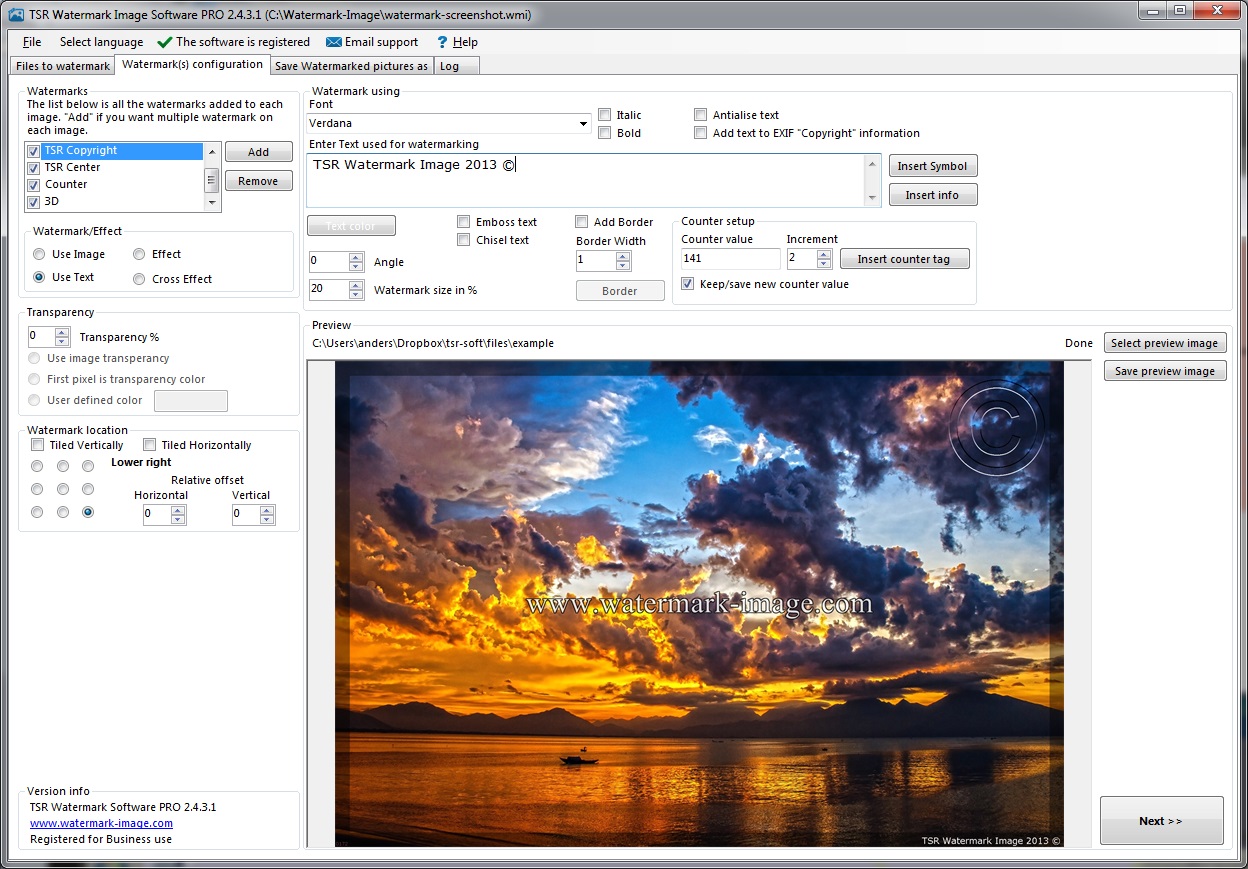 Настройка текстового водяного знака в TSR Watermark Image Software