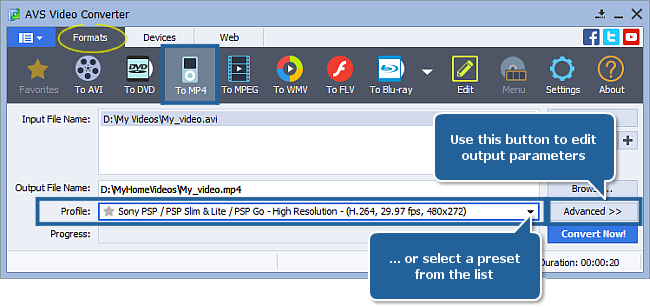 Профиль Sony PSP High Resolution в AVS Video Converter