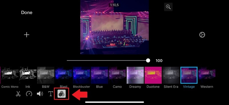 Осветление видео в iMovie на iPhone