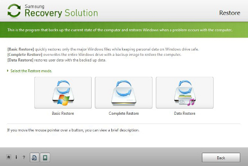 Выбор Basic Restore и Complete Restore в Samsung Recovery Solution 5