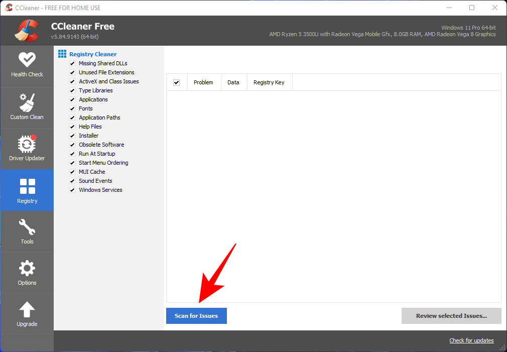 Выбор категорий и кнопка Scan for Issues в CCleaner