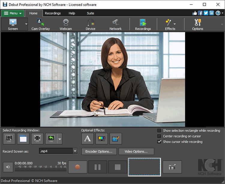 Главное окно Debut Video Capture с кнопками Webcam, Device и Recordings