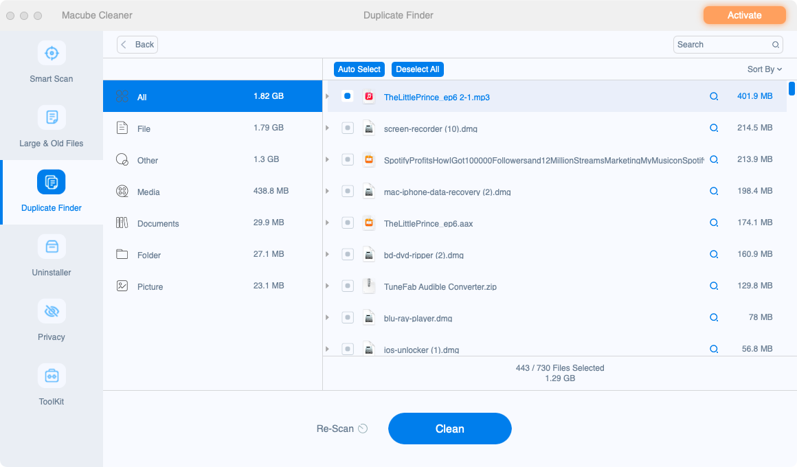 Результаты Duplicate Finder с Auto Select, Deselect All и Clean