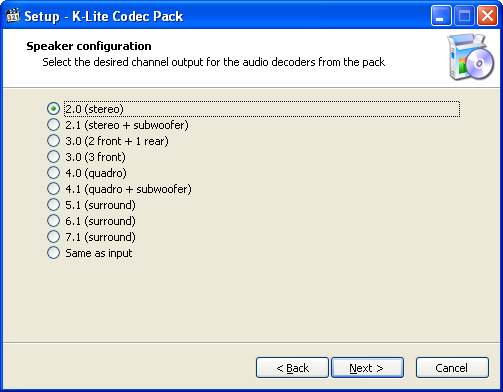Окно выбора конфигурации каналов в K-Lite Codec Pack