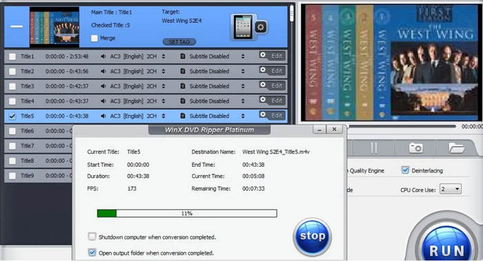 Интерфейс WinX DVD Ripper с загруженными титулами DVD