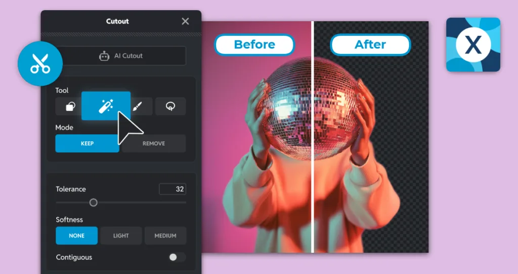 Интерфейс Pixlr Express с инструментами Magic Cutout и ручной коррекции