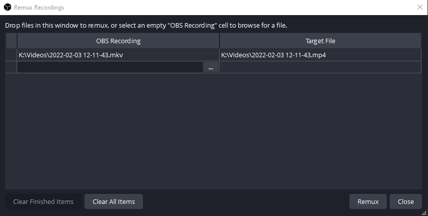 Окно Remux Recordings для преобразования записи OBS в MP4