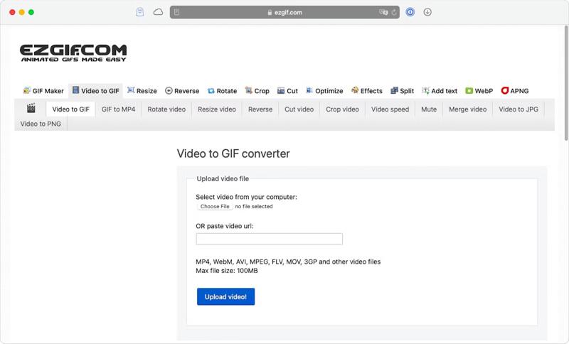 Страница Video to GIF сервиса Ezgif с загрузкой MP4