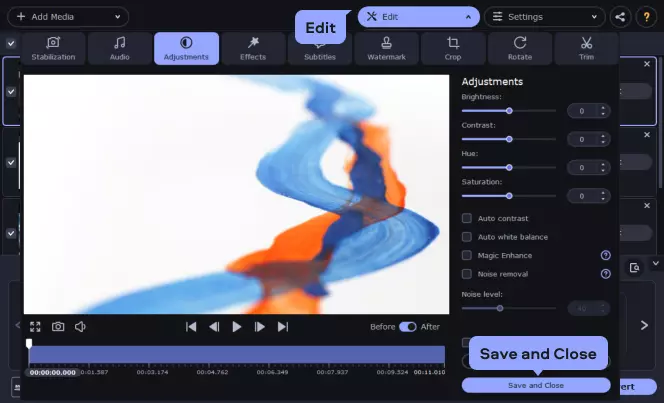 Окно Edit в Movavi Video Converter с вкладкой Adjustments и кнопкой Save and Close