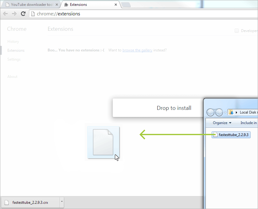 Перетаскивание CRX-файла FastestTube на страницу Extensions в Chrome