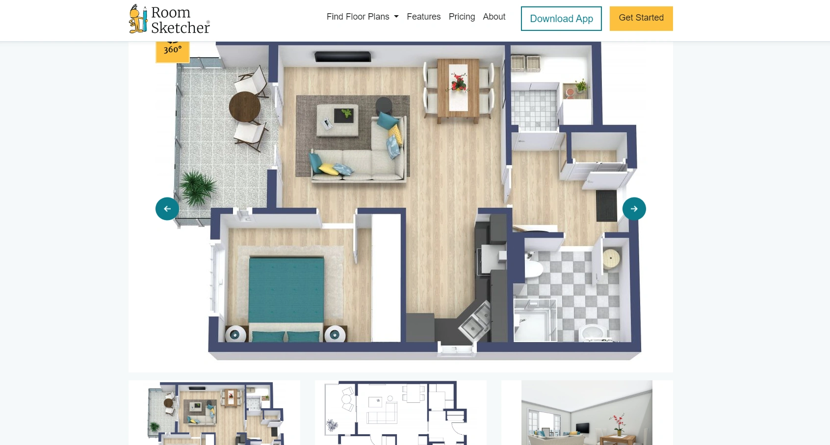 Интерфейс RoomSketcher с планом помещения и трехмерным видом