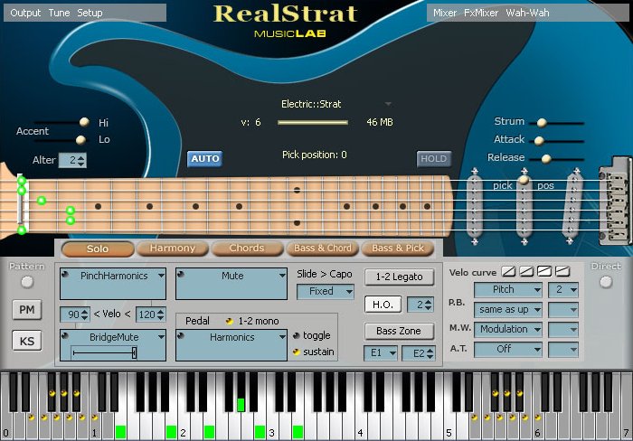 Интерфейс RealStrat с виртуальным грифом и MIDI-клавиатурой