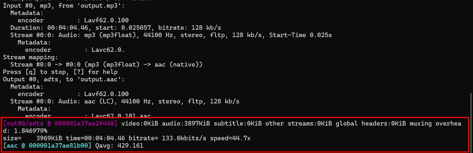 Терминал FFmpeg после кодирования файла в AAC LC