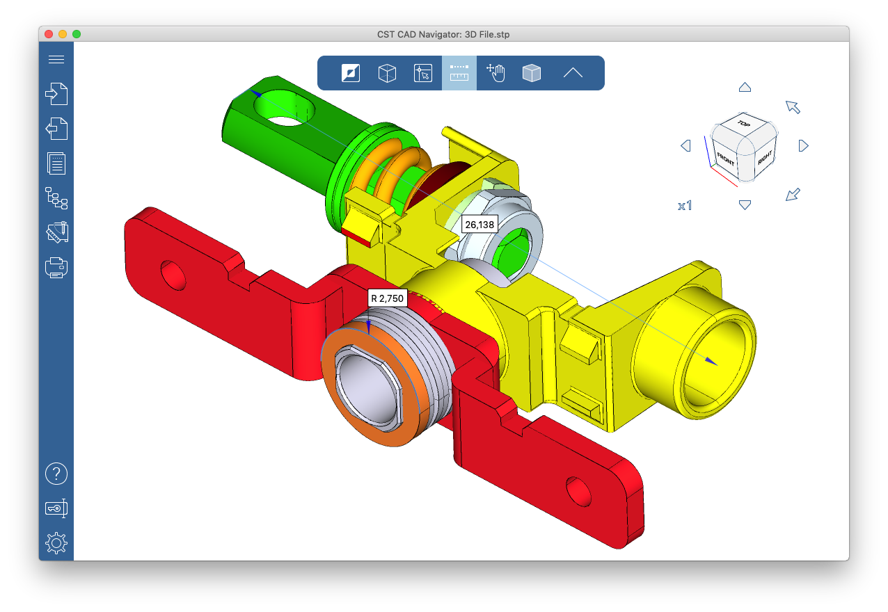 Интерфейс CST CAD Navigator с 3D STEP-моделью и измерениями