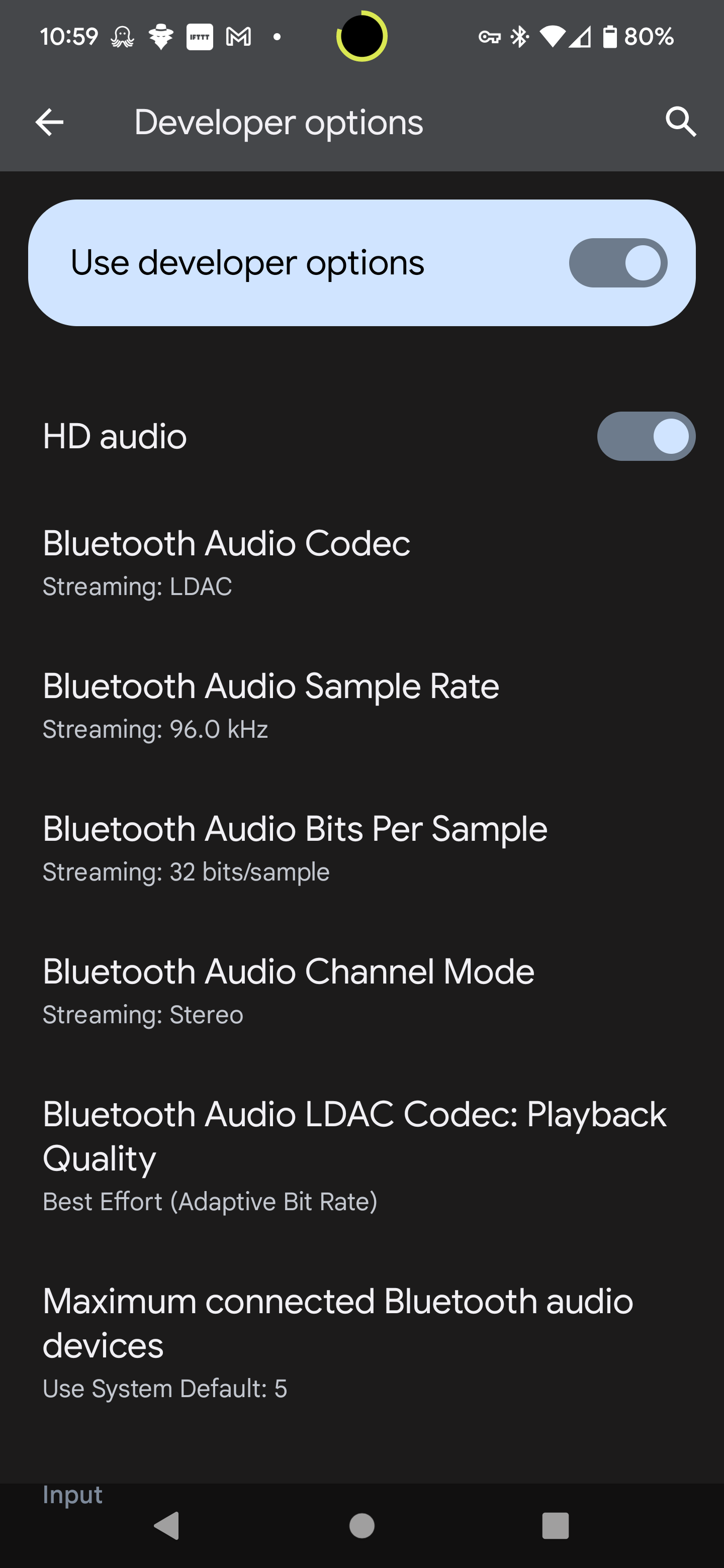 Android Developer options: Bluetooth Audio Codec показывает Streaming LDAC и настройку Bluetooth Audio LDAC Codec Playback Quality