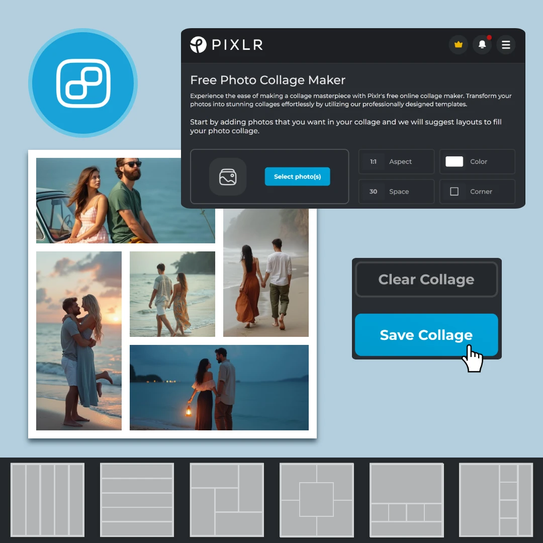 Интерфейс Pixlr Photo Collage Maker с выбором макета и настройками Aspect, Space и Corner