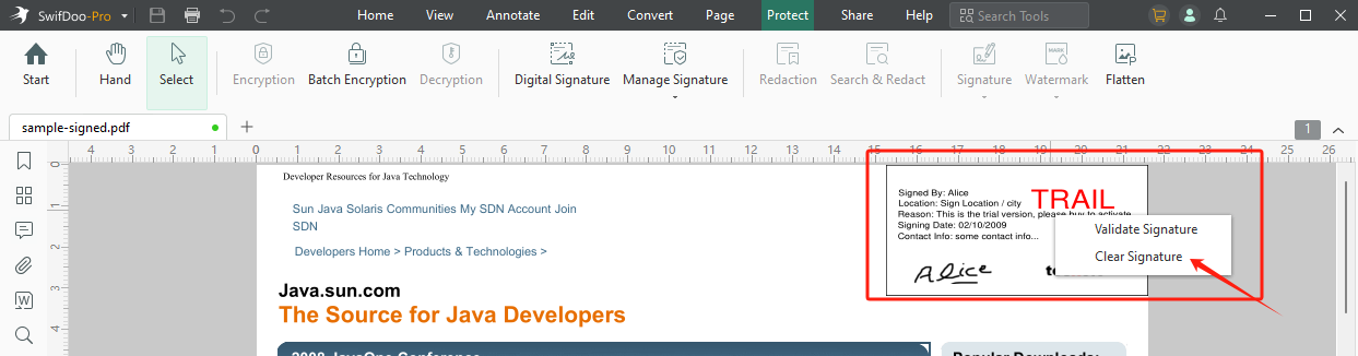 Команда Clear Signature для отдельной цифровой подписи в SwifDoo PDF