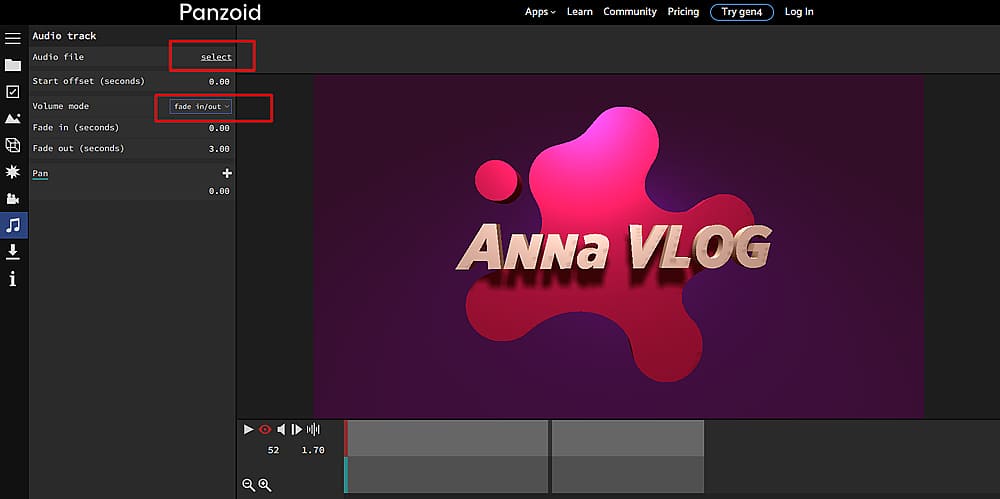 Раздел Audio and Music в Panzoid Clipmaker