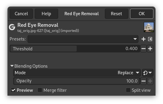 Диалог Red Eye Removal в GIMP с параметром Threshold