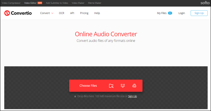 Интерфейс загрузки файлов в аудиоконвертер Convertio