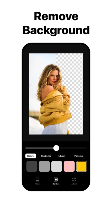Экран Instasize Remove Background с удалением фона и вариантами Colors, Gradients, Library и Patterns