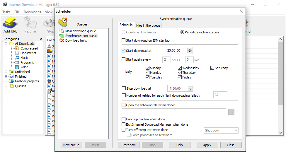 Планировщик Scheduler в Internet Download Manager