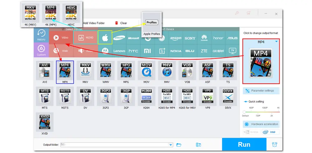Выбор выходного формата для XAVC S в WonderFox HD Video Converter Factory Pro