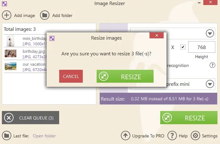 Подтверждение запуска Resize images в Icecream Image Resizer