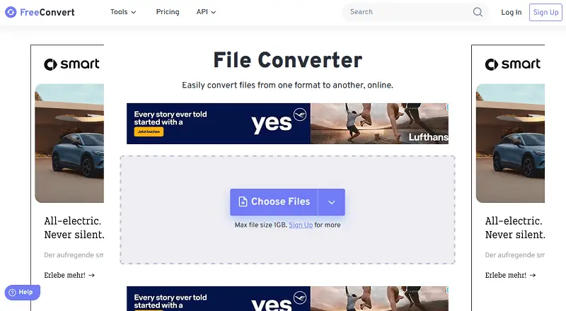 Интерфейс FreeConvert с кнопкой Choose Files и лимитом 1 ГБ