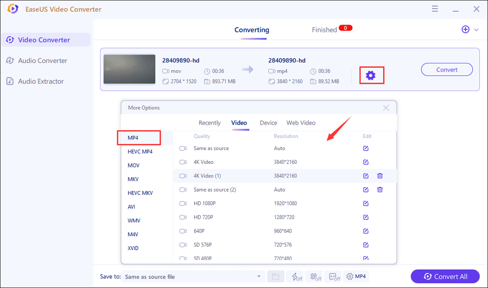 Выбор MP4 в EaseUS Video Converter