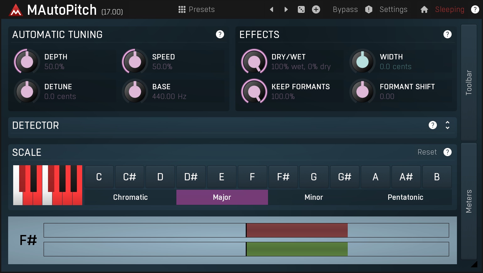 Интерфейс MeldaProduction MAutoPitch с Depth, Speed и Formant Shift