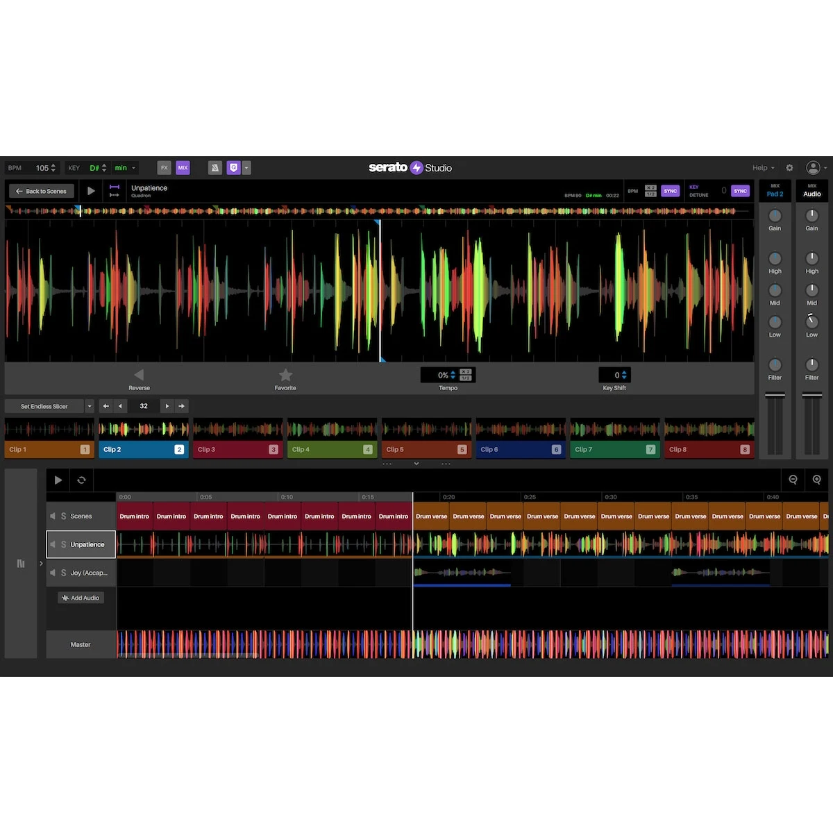 Интерфейс Serato Studio со сценами, аудиоклипами и дорожками аранжировки