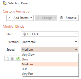 Панель Custom Animation с настройками Start, Direction и Speed