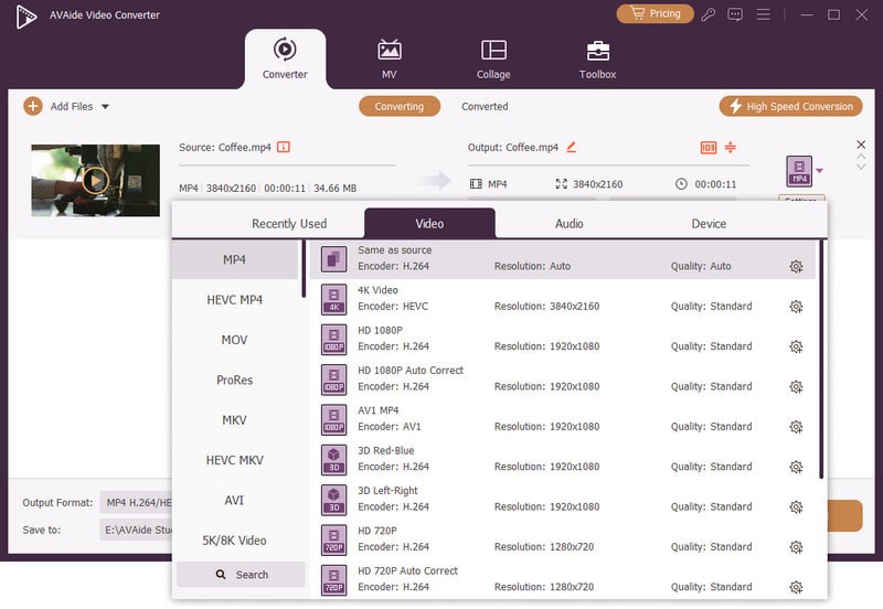 Окно выбора Output Format в AVAide Video Converter