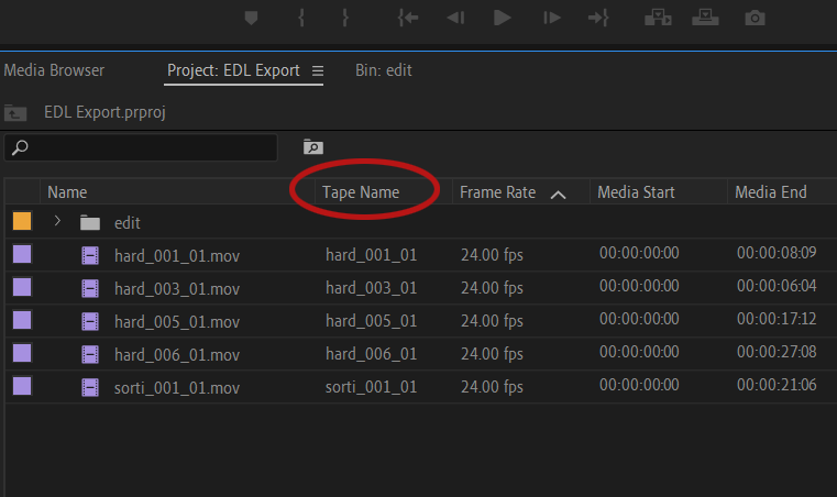 Колонка Tape Name в Adobe Premiere Pro для relink workflow
