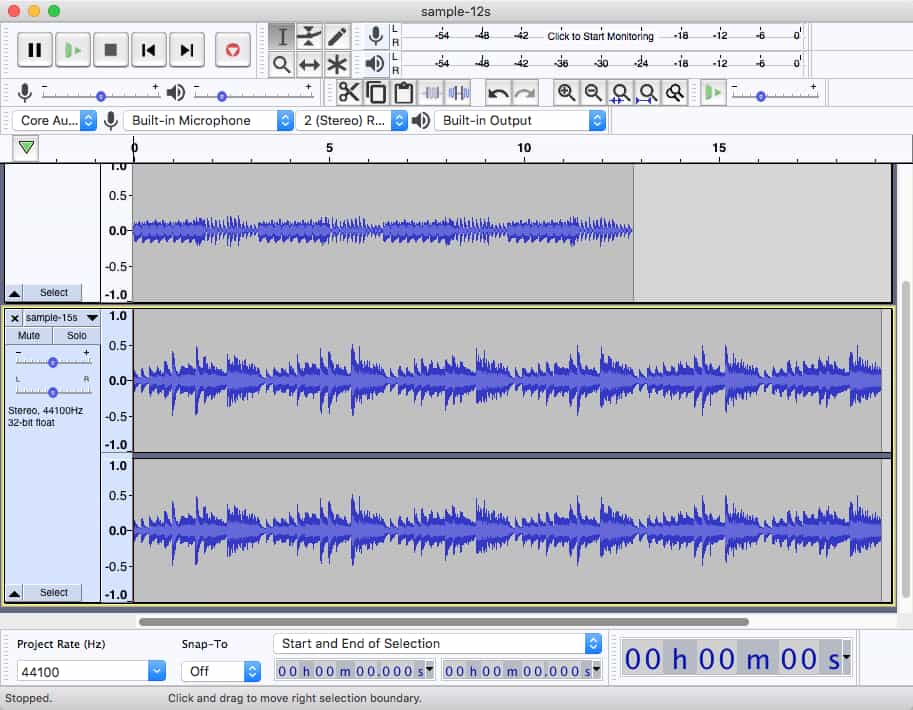 Волновая форма и дорожки в интерфейсе Audacity