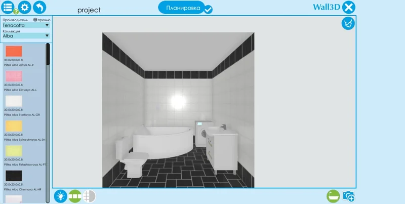 Интерфейс Wall3D с проектом ванной и каталогом плитки