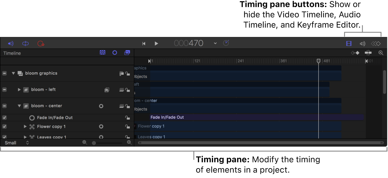 Timing pane в Apple Motion с дорожками, элементами проекта и кнопками отображения Timeline, Audio Timeline и Keyframe Editor