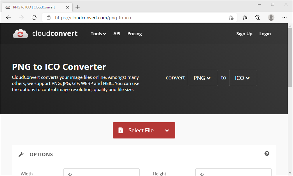 Интерфейс CloudConvert с кнопкой Select File