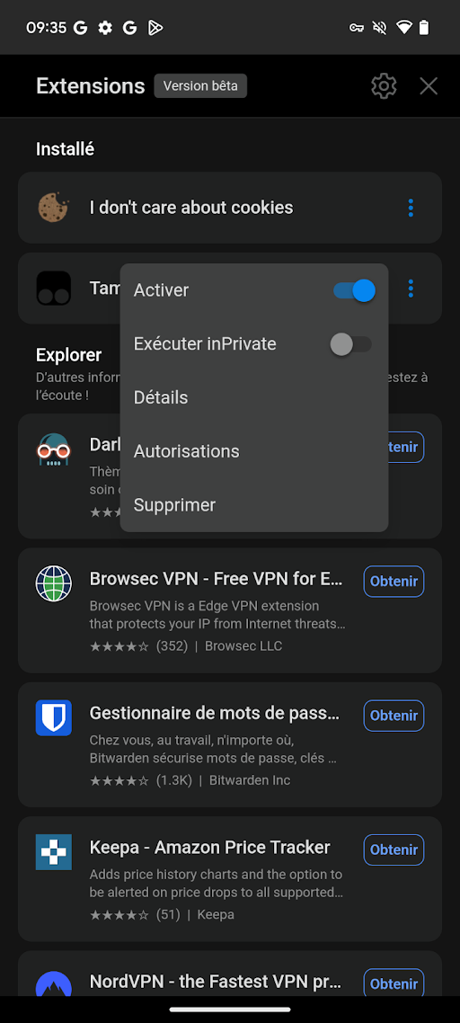 Раздел Extensions в Microsoft Edge на Android