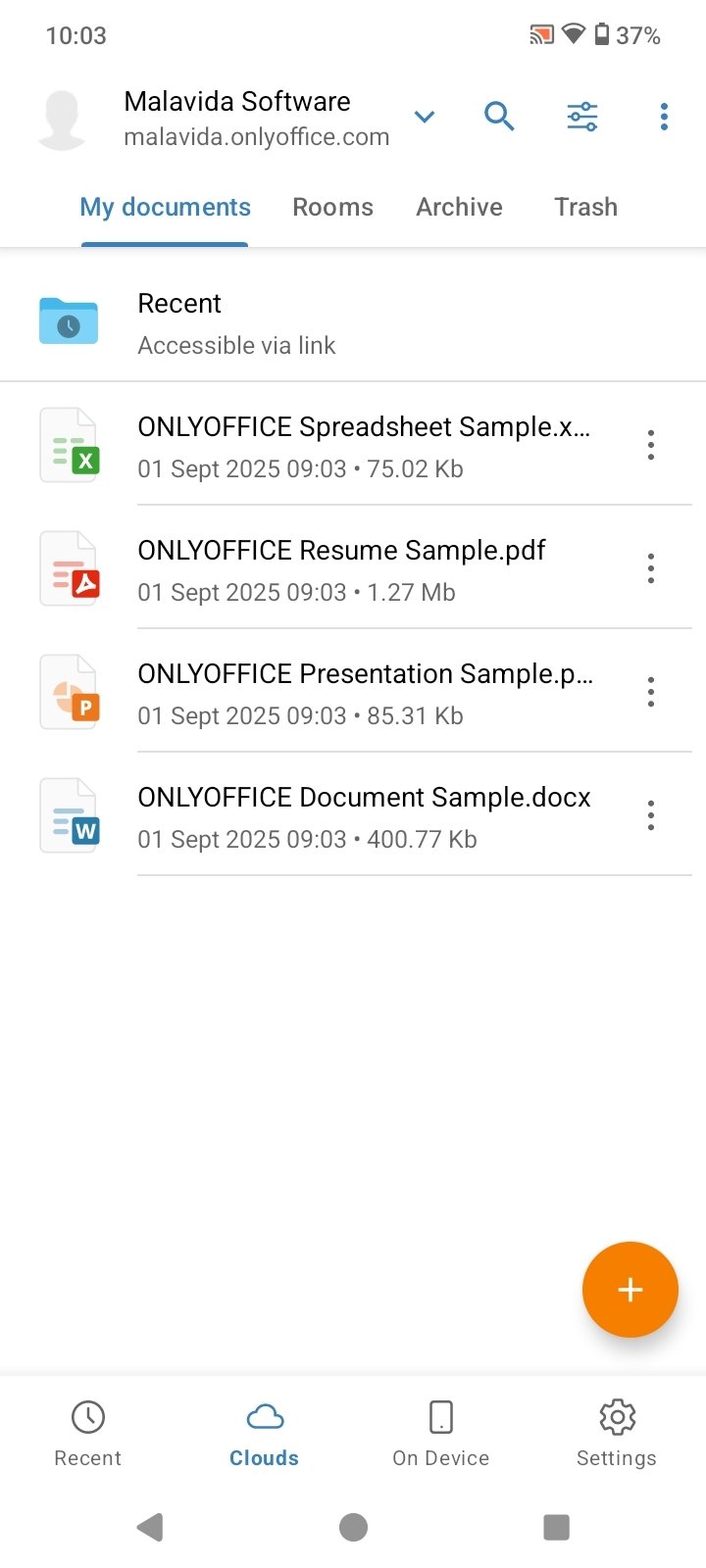 ONLYOFFICE Documents на Android: список документов и разделы хранения