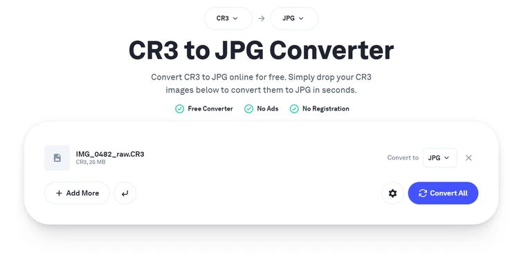 Онлайн-конвертер Picflow с загруженным CR3
