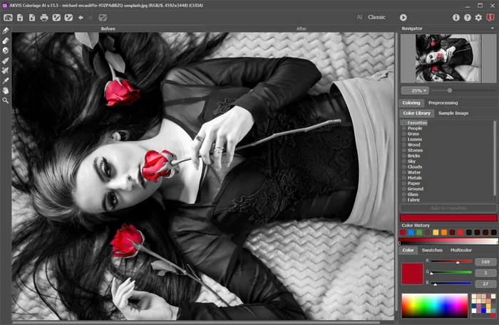 Интерфейс AKVIS Coloriage AI в режиме Classic с палитрами и рабочим окном
