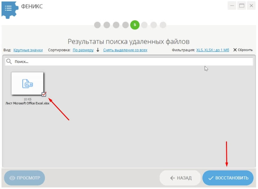 Список найденных файлов и выбор данных для восстановления в Феникс
