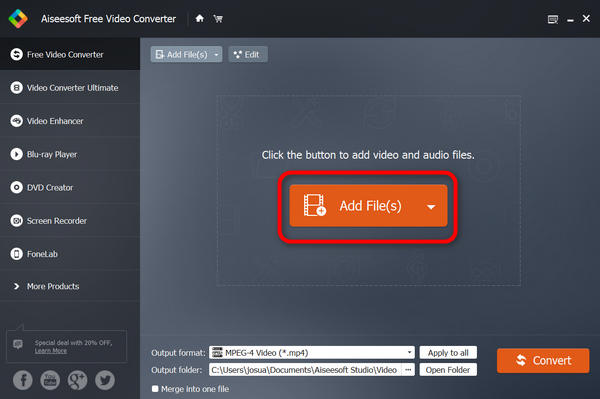 Главное окно Aiseesoft Free Video Converter с кнопкой Add File(s)