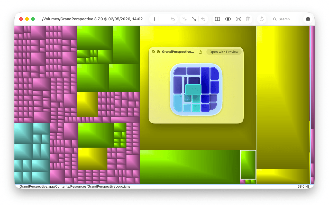 Главное окно GrandPerspective с treemap-картой и цветовым отображением файлов по типу
